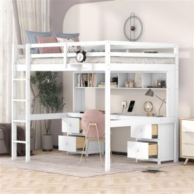 Full Size Loft Bed with Desk, Cabinets, Drawers and Bedside Tray, Charging Station, White