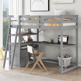 Twin Size Loft Bed with Desk and Shelves, Two Built-in Drawers, Gray