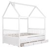 Full size Wooden House Bed with Trundle and 3 Storage Drawers-White