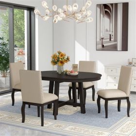 5-Piece Farmhouse Dining Table Set Wood Round Extendable Dining Table and 4 Upholstered Dining Chairs (Espresso)