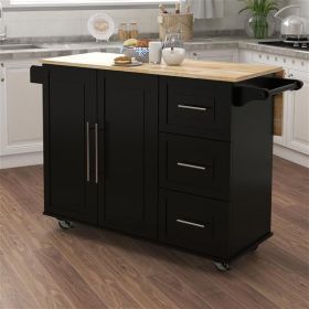 Kitchen Island with Spice Rack, Towel Rack and Extensible Solid Wood Table Top-Black