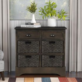 Rustic Storage Cabinet with Two Drawers and Four Classic Rattan Basket for Dining Room/Living Room (Brown Gray)