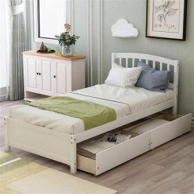 Twin Platform Storage Bed Wood Bed Frame with Two Drawers and Headboard, White