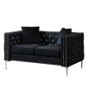 59.4 Inch Wide Black Velvet Sofa with Jeweled buttons,Square Arm ,2 Pillows