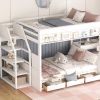 Wood Full Size Convertible Bunk Bed with Storage Staircase, Bedside Table, and 3 Drawers, White