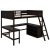 Full size Loft Bed with Shelves and Desk, Wooden Loft Bed with Desk - Espresso