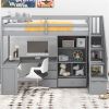 Twin Size Loft Bed with L-Shaped Desk and Drawers, Cabinet and Storage Staircase, Gray