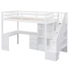 Twin Size Loft Bed with L-Shaped Desk and Drawers, Cabinet and Storage Staircase, White