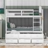 Wood Bunk Bed with Trundle and Drawers,White