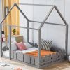 (Slats are not included)Full Size Wood Bed House Bed Frame with Fence, for Kids, Teens, Girls, Boys (Gray )